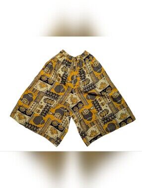 Vintage Patterned Elastic-Waist Shorts in Mustard and Black